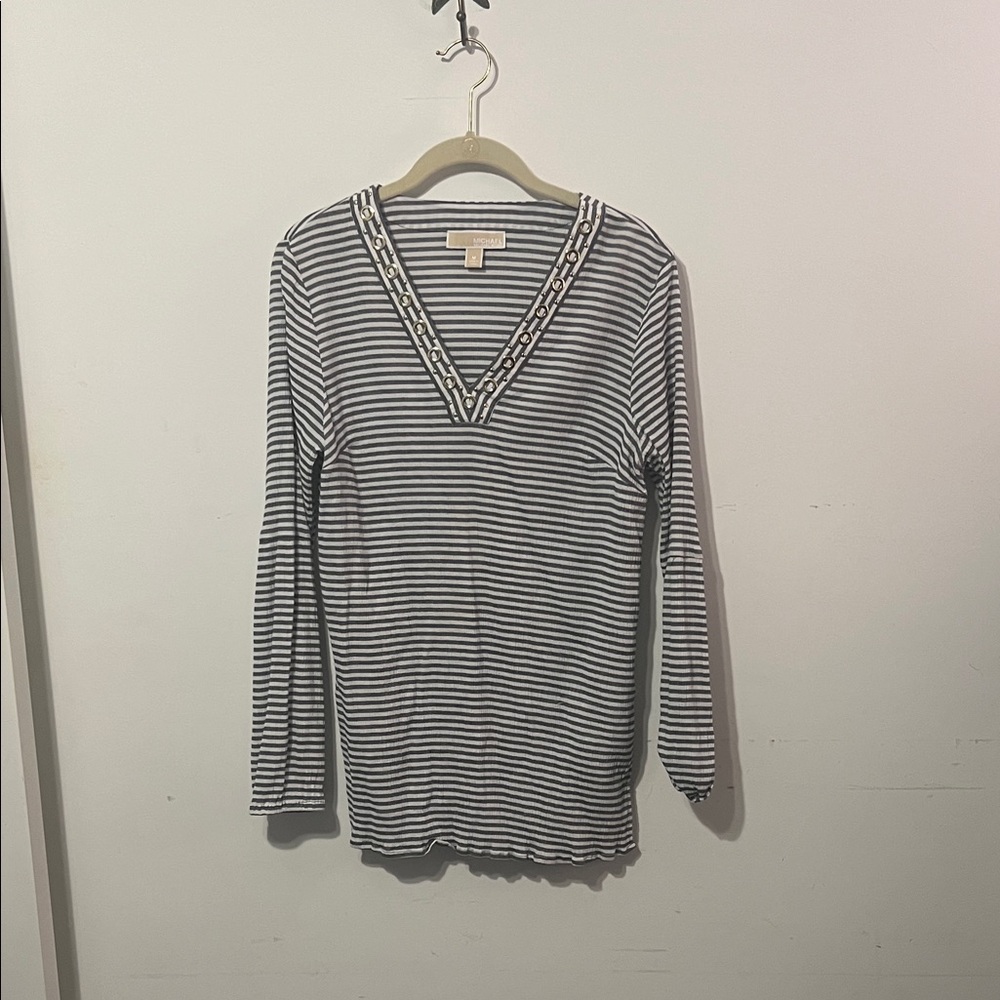 Michael Kors Grey and White Striped Long Sleeve Top Women's size Medium